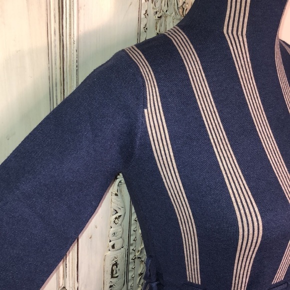 New Fashion Cadet Blue with Cream Strips Mock Neck Self Belts Long Sleeve Dress - Picture 5 of 12